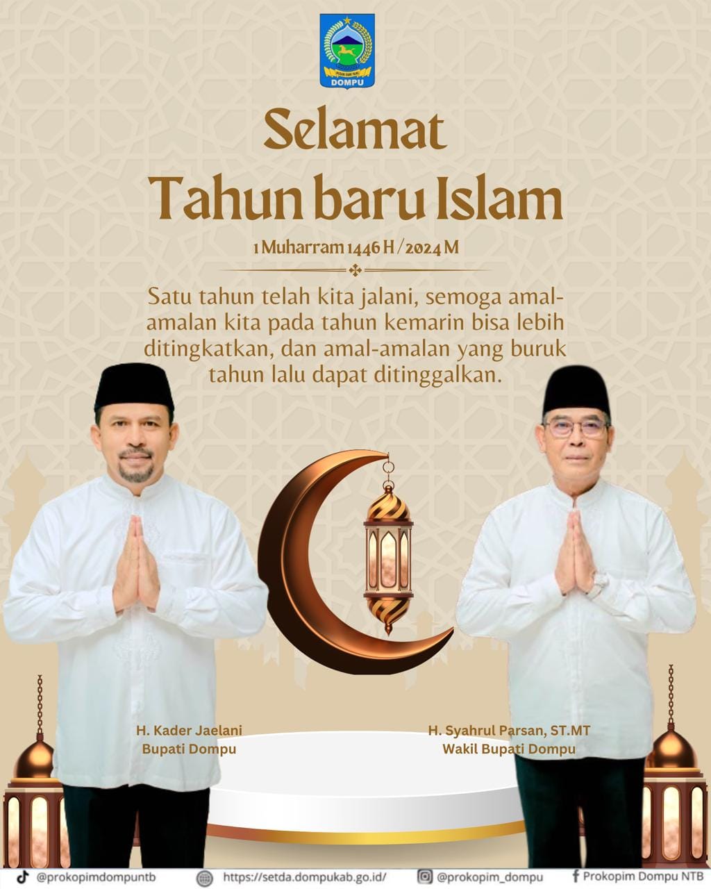 Pemerintah Kabupaten Dompu Mengucapkan Selamat Tahun Baru Islam 1 Muharram 1446 H / 2024 M.